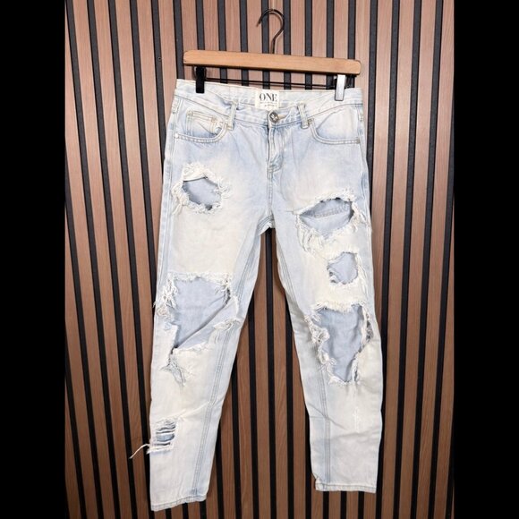 One x Teaspoon Jeans 26 Womens Blue Acid Wash Destroyed Low Rise Denim Skinny - Picture 1 of 9